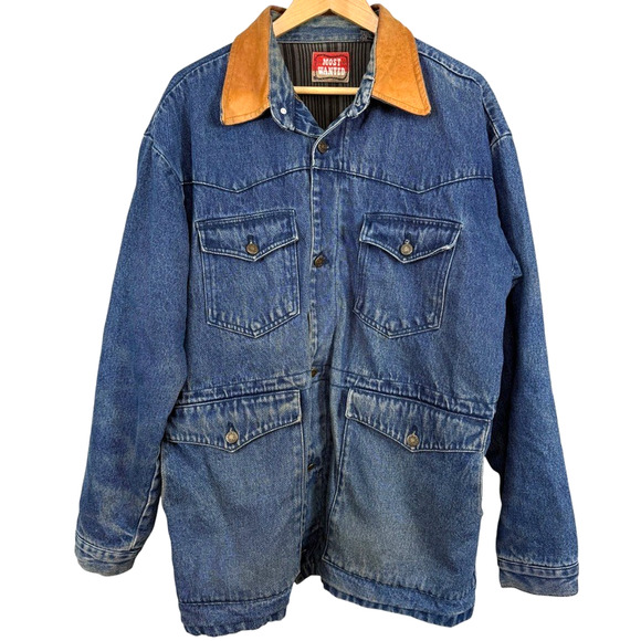 Most Wanted 100% Cotton Denim Leather Collar Barn Chore Field Jacket Coat sz L - Picture 1 of 16